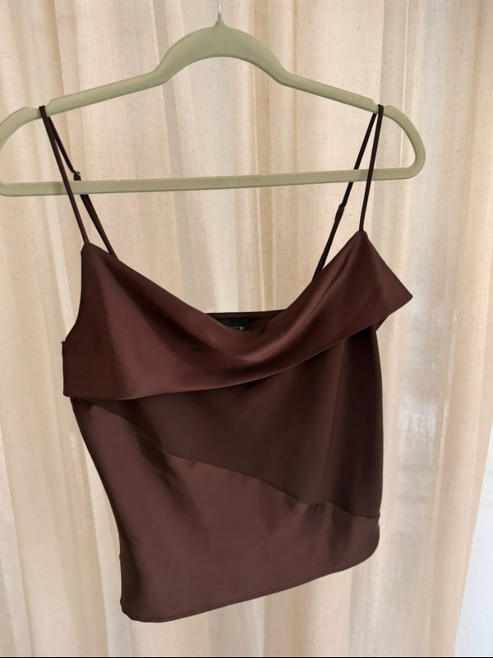Zara Brown Satin Cowl Neck Spaghetti Strap Women's Top